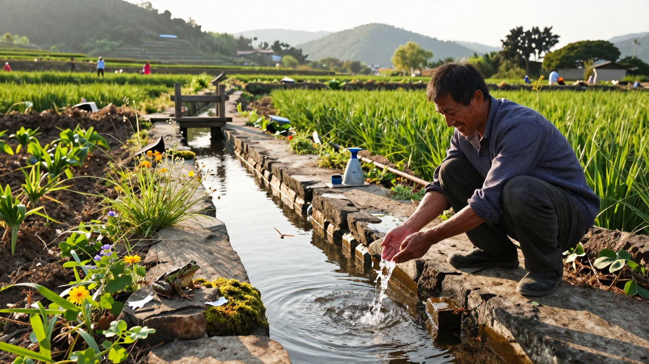 Man crouching by a stone-lined irrigation canal splashing water with rice fields and hills in the background.