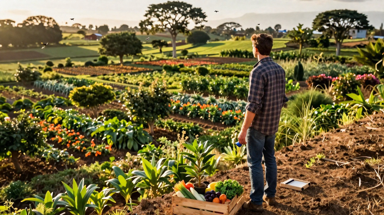 Man in checked shirt stands overlooking colourful vegetable garden with crate of fresh produce in foreground.