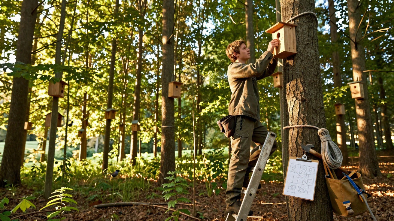 Person installing a birdhouse on a tree using a ladder in a wooded area with many birdhouses.