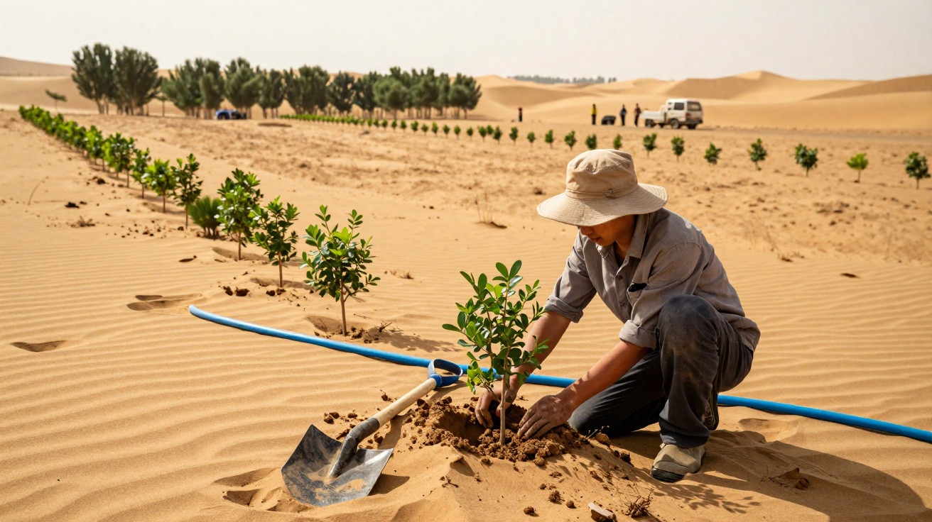 Person planting a small tree in a desert with rows of saplings and a shovel nearby.