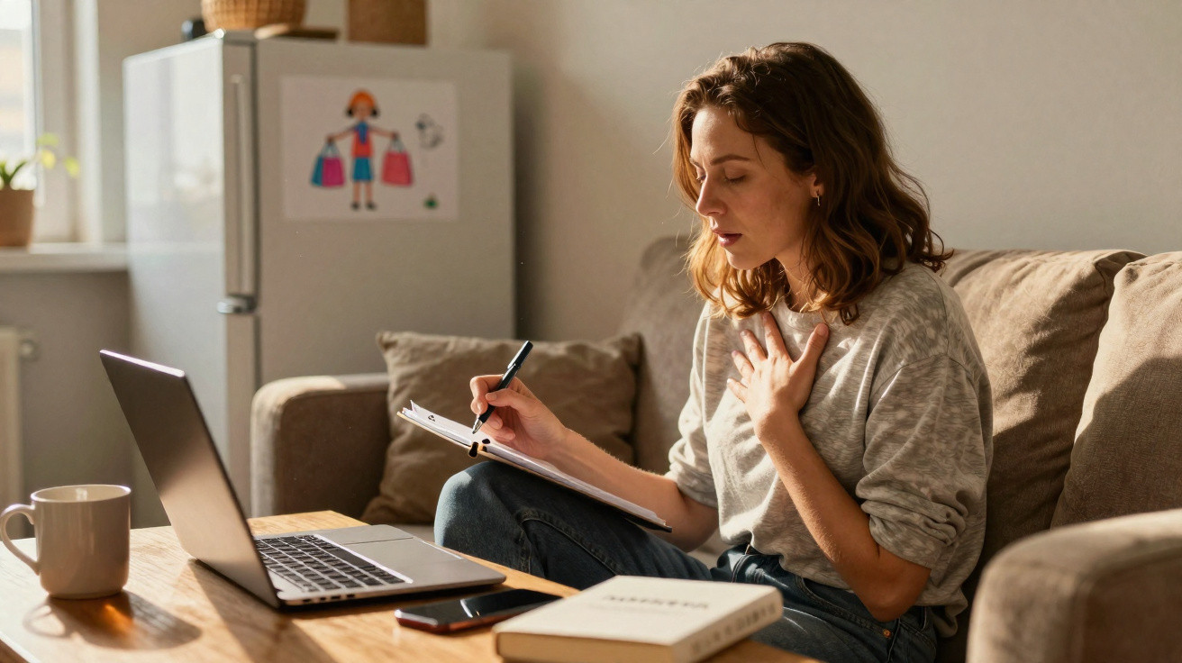Woman sitting on sofa, writing in notebook with laptop and book on table in cosy living room.