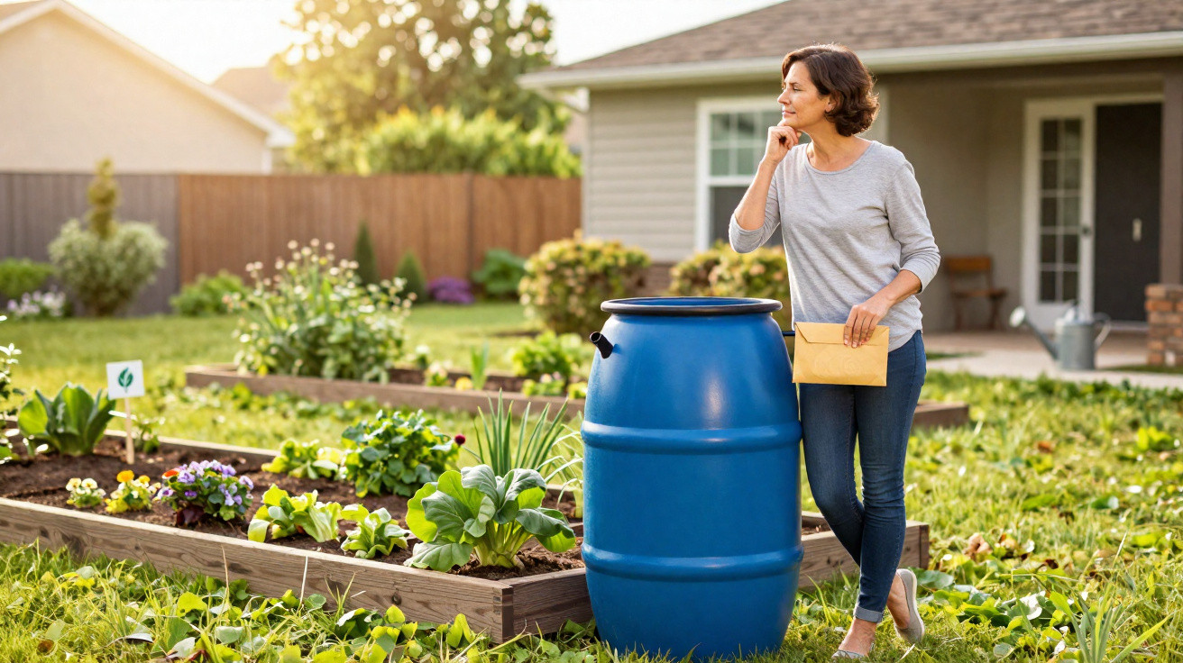 Woman standing by a blue rain barrel in a sunny garden with raised beds full of plants and vegetables.