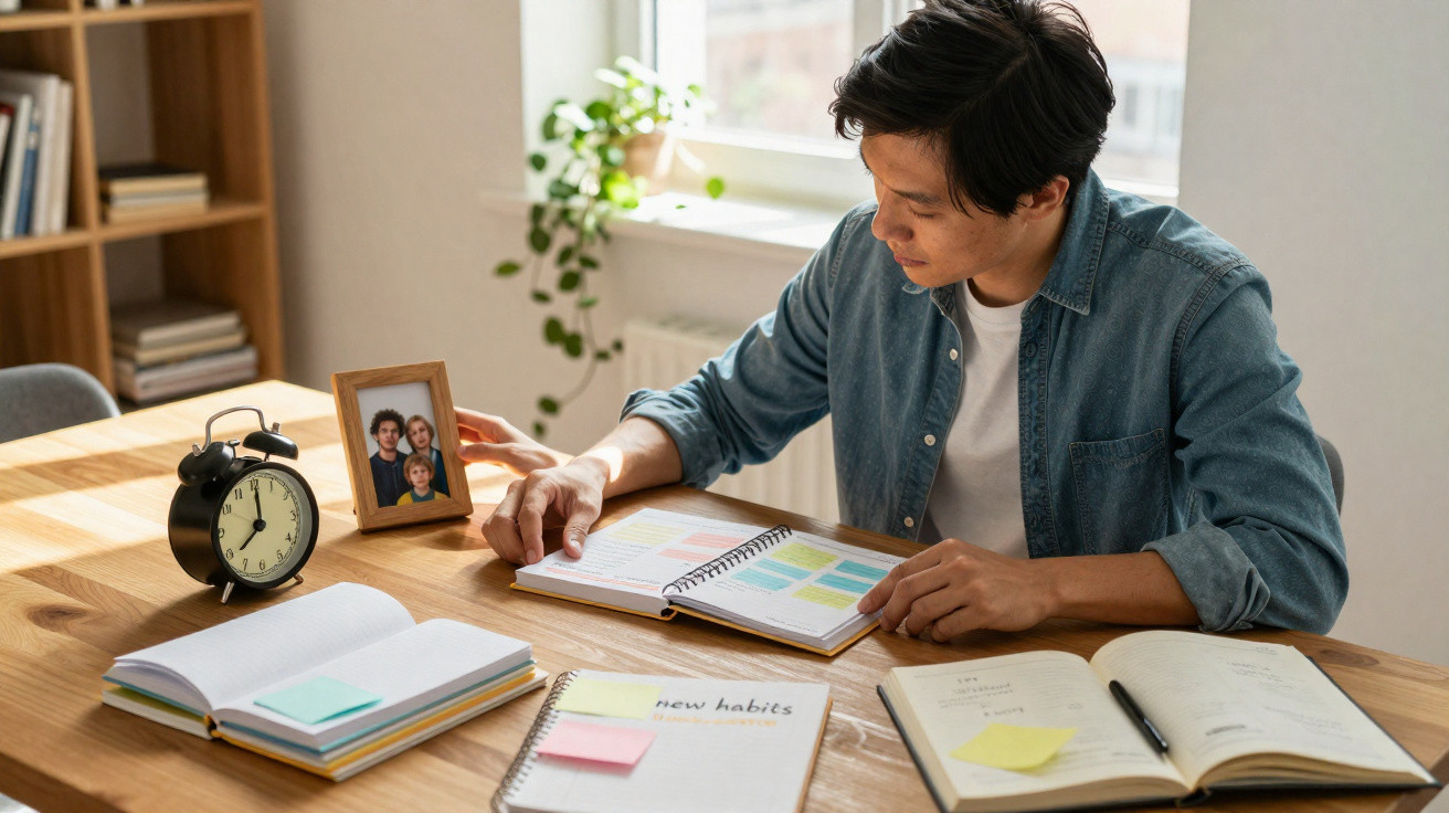 Man sitting at a desk with books and planners, holding a framed family photo and working near a window.