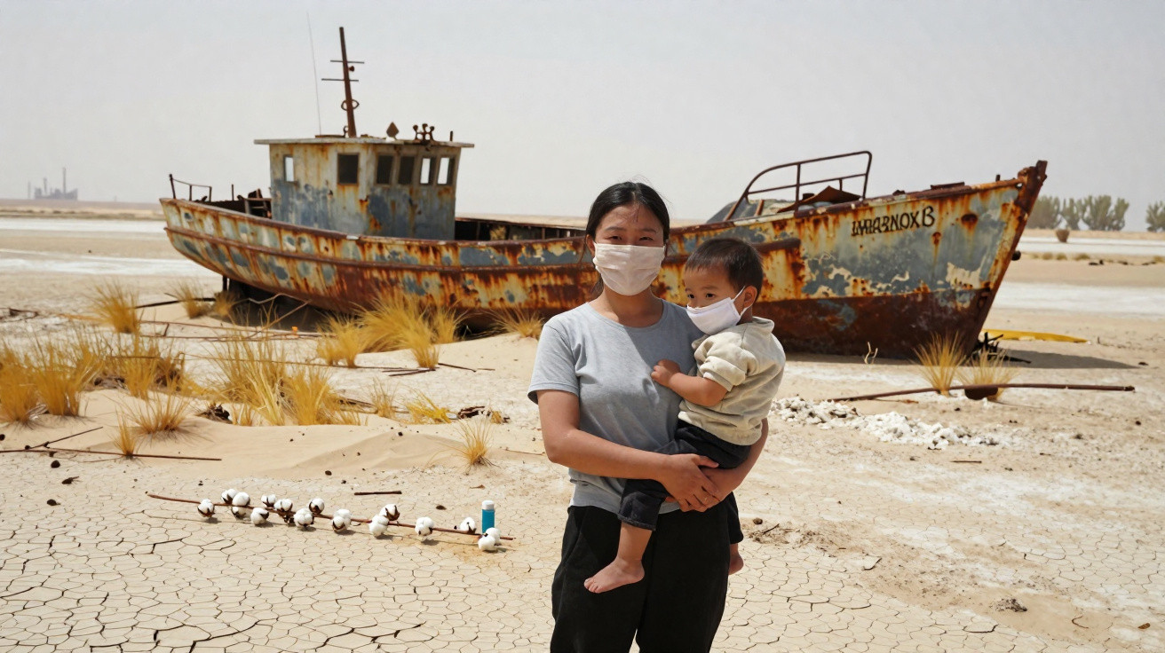 Woman wearing a mask holding a child with a rusted ship stranded on cracked dry land in the background.