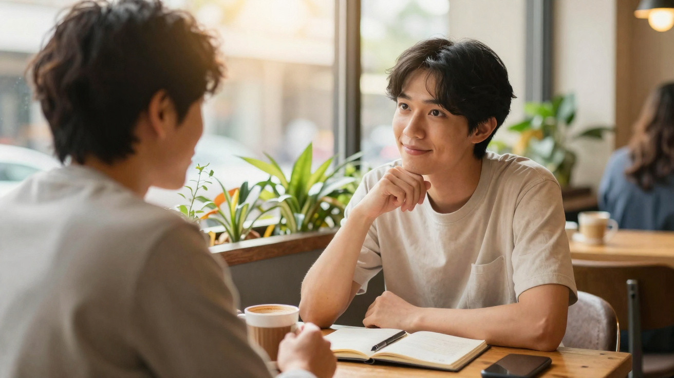 Two young men having a conversation at a cafe table with a notebook, coffee, and plants in the background.