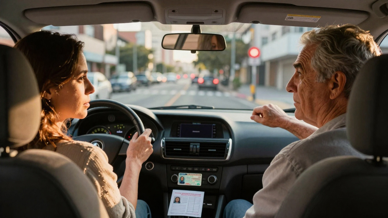 Woman learning to drive a car with an older male instructor on a city street during daylight.