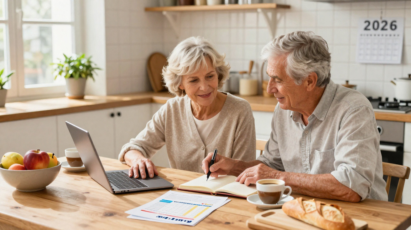 Elderly couple sitting at kitchen table reviewing documents with laptop, notebook, coffee, and bread.