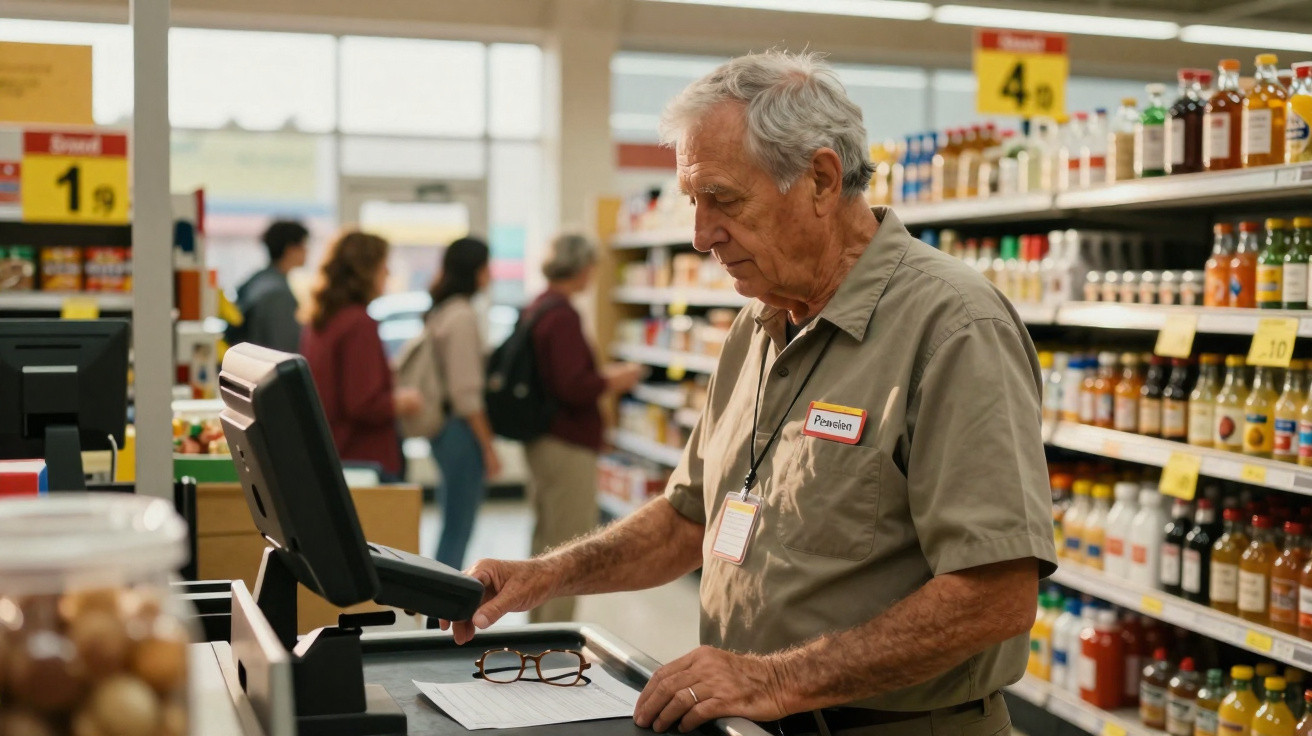 Elderly supermarket cashier wearing a pension badge operating a till with shelves of drinks in the background.