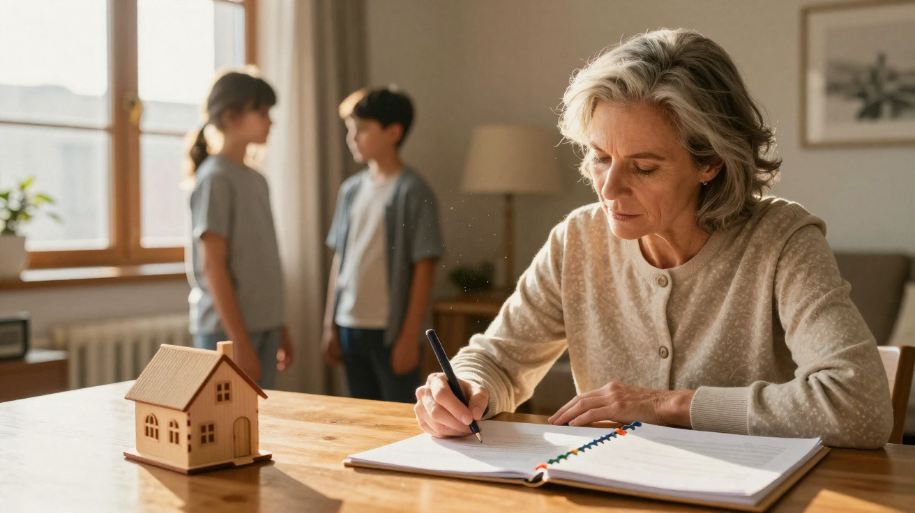 Older woman writing in a notebook at a table with a wooden house model, two children stand blurred in background.