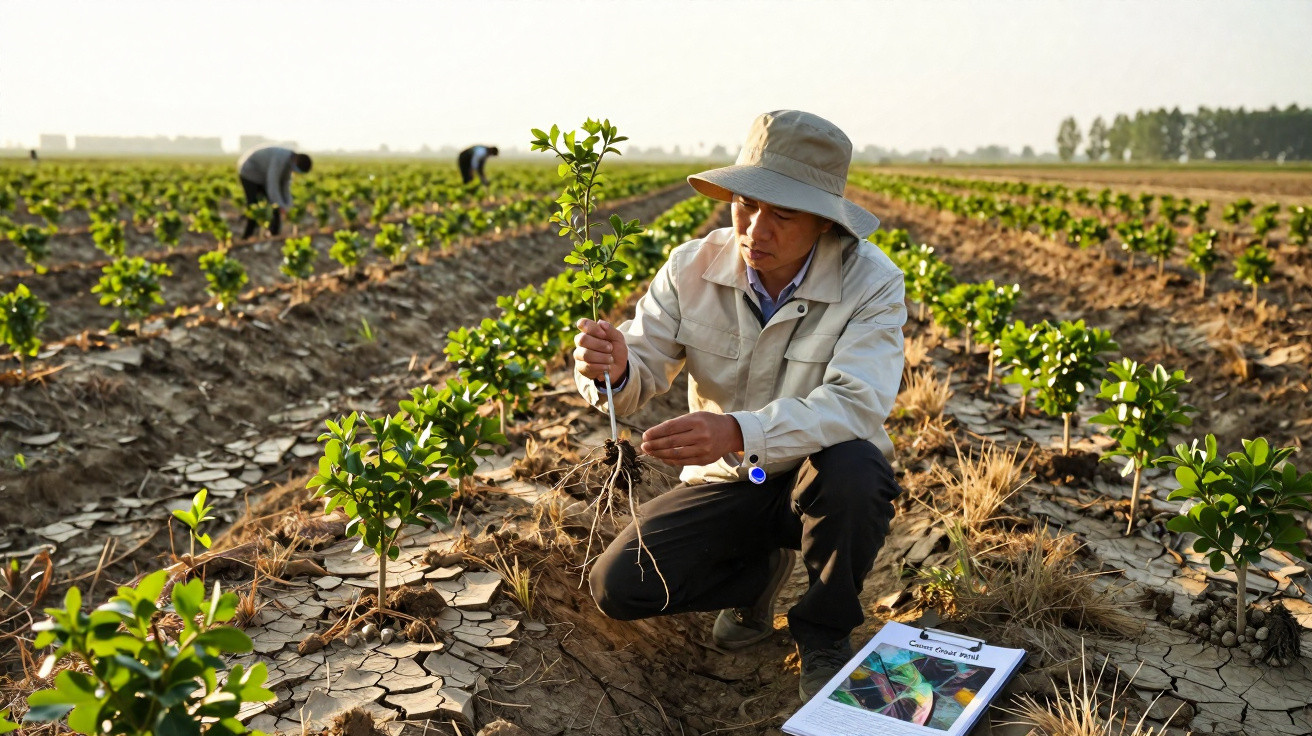 Person in a field inspecting a young plant seedling with cracked dry soil and other workers in the background.