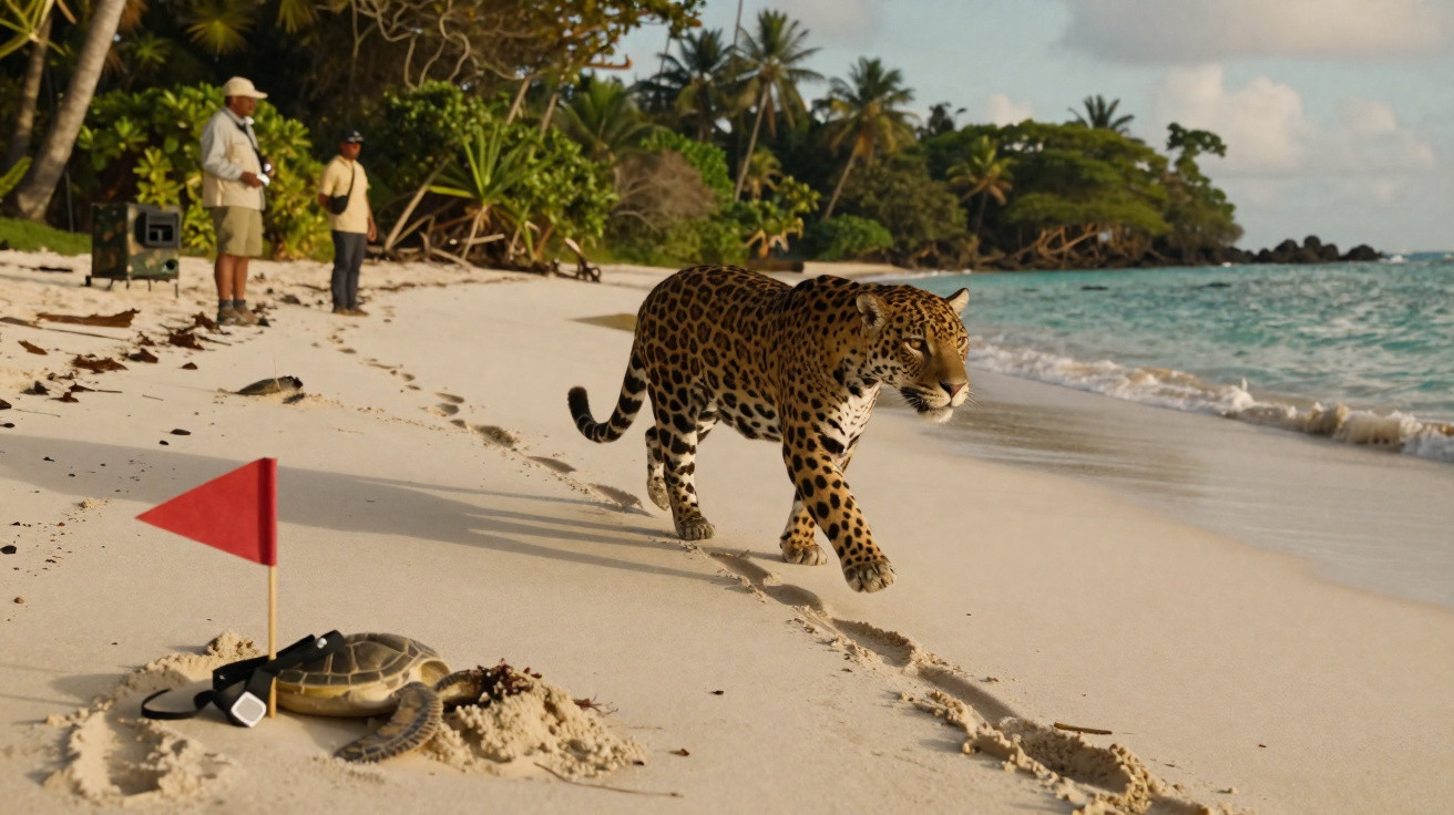 Jaguar walking along a sandy beach near a marked turtle nest with two people observing in the background.