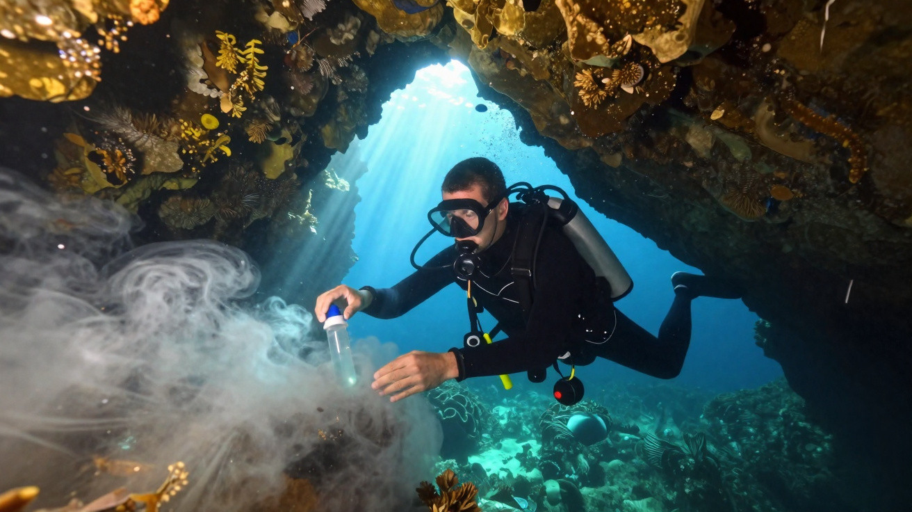 Scuba diver collecting water sample inside a coral reef cave with sunlight streaming through the opening.