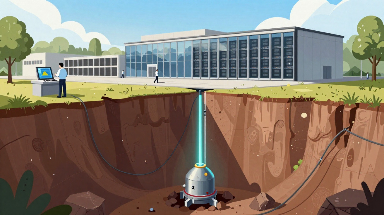 Illustration of a geothermal energy plant with a drilling rig extracting heat beneath a modern building.
