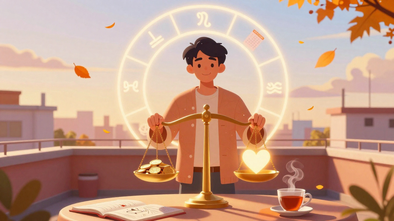 Young man balancing a scale with coins on one side and a glowing heart on the other outdoors at sunset.