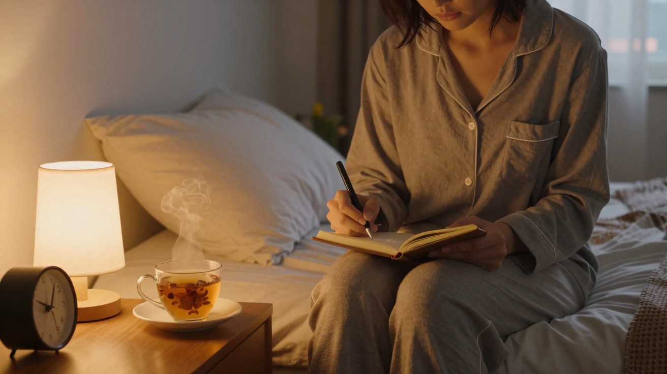 Person in grey pajamas writing in a notebook on a bed next to a nightstand with a steaming cup of tea and lamp.