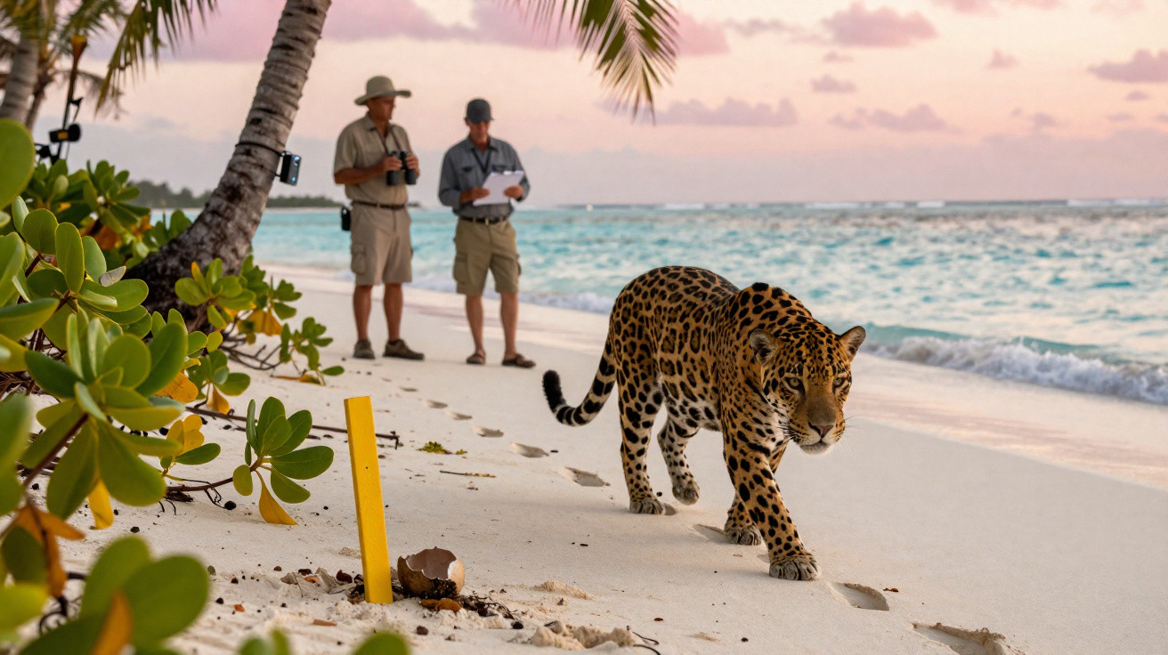 Jaguar walking on a sandy beach near two researchers with tropical plants and ocean in the background.