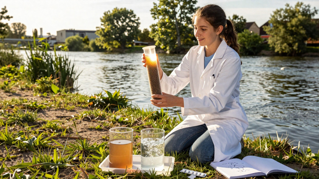 Scientist in white coat testing water samples by a riverbank on a sunny day.