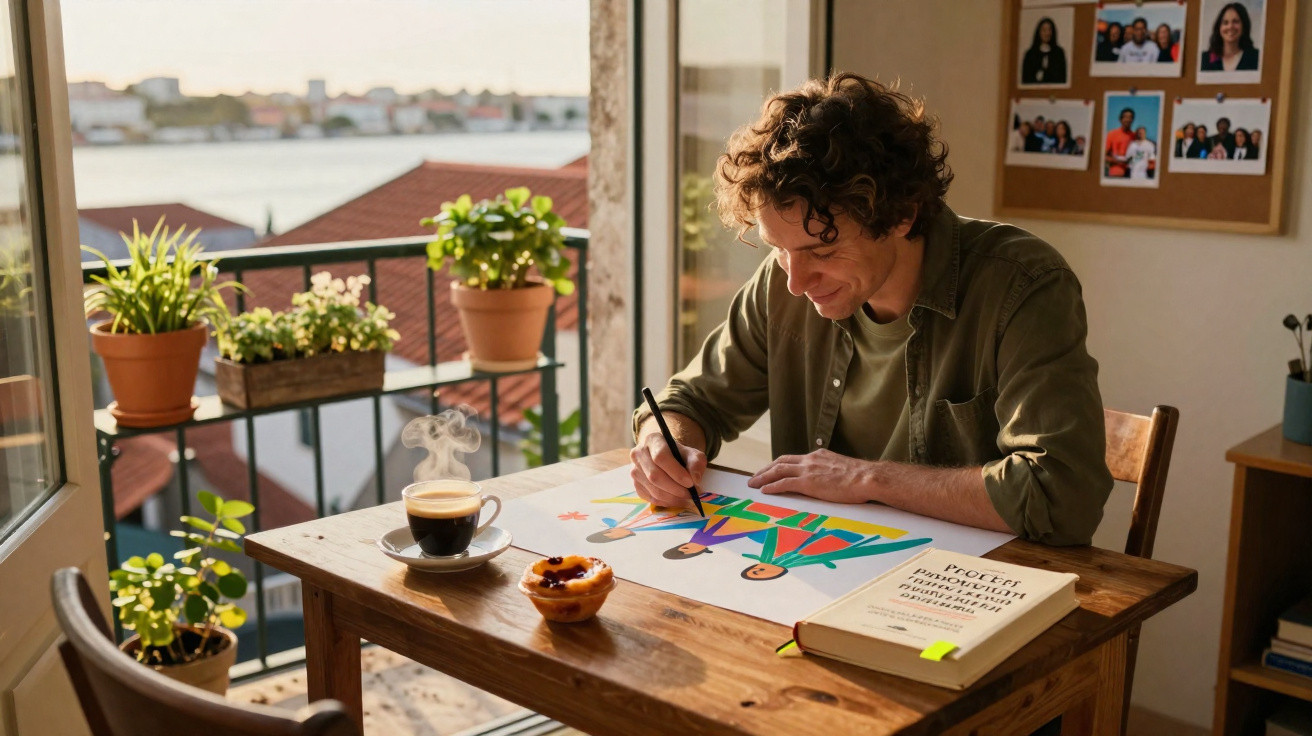 Man drawing a colourful poster at a wooden table with coffee and a pastry by a sunlit balcony.