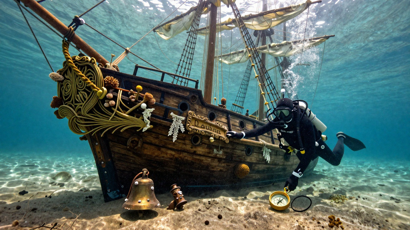 Diver exploring a detailed wooden shipwreck ornament with barnacles and ship bell on sandy seabed.