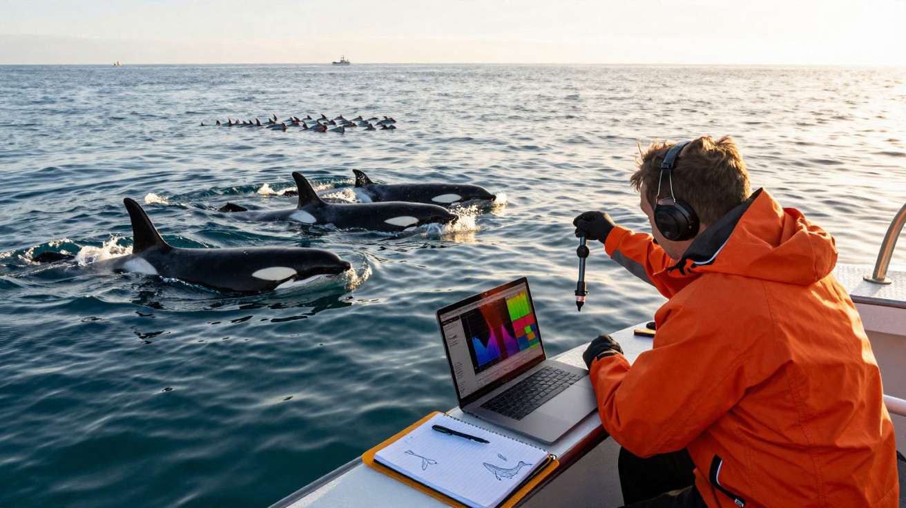Researcher in orange jacket analysing water samples from a boat near a pod of orcas in calm sea at sunset.