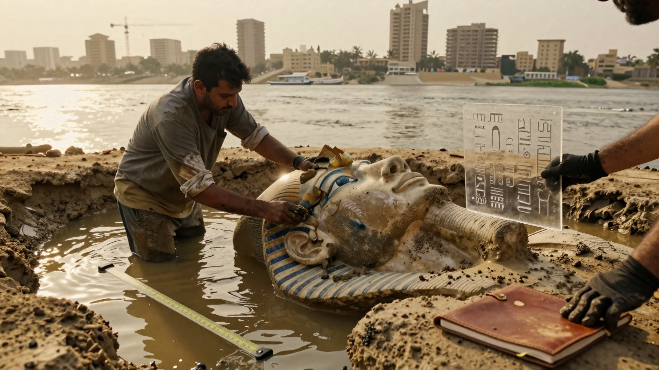 Archaeologists excavate a large ancient Egyptian pharaoh’s stone head submerged in muddy water by a riverbank.