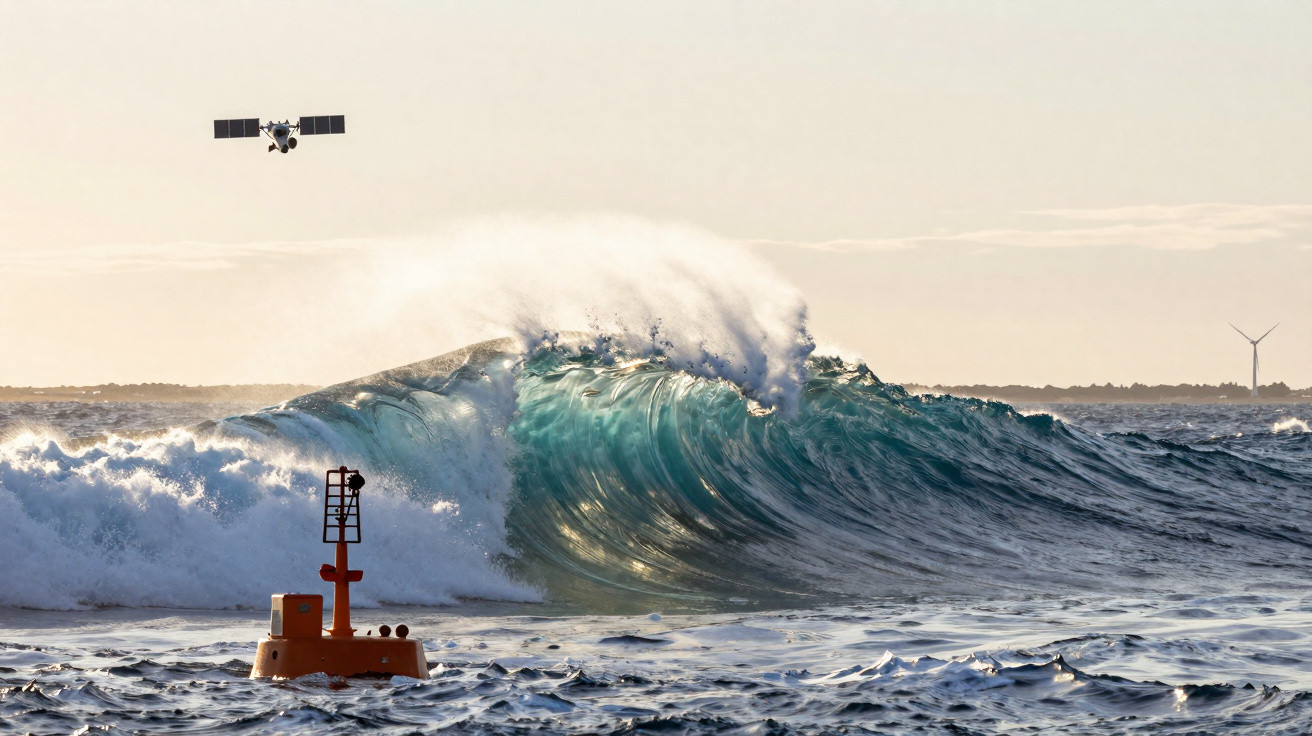 Large ocean wave breaking near an orange buoy with a drone flying above at sunset.