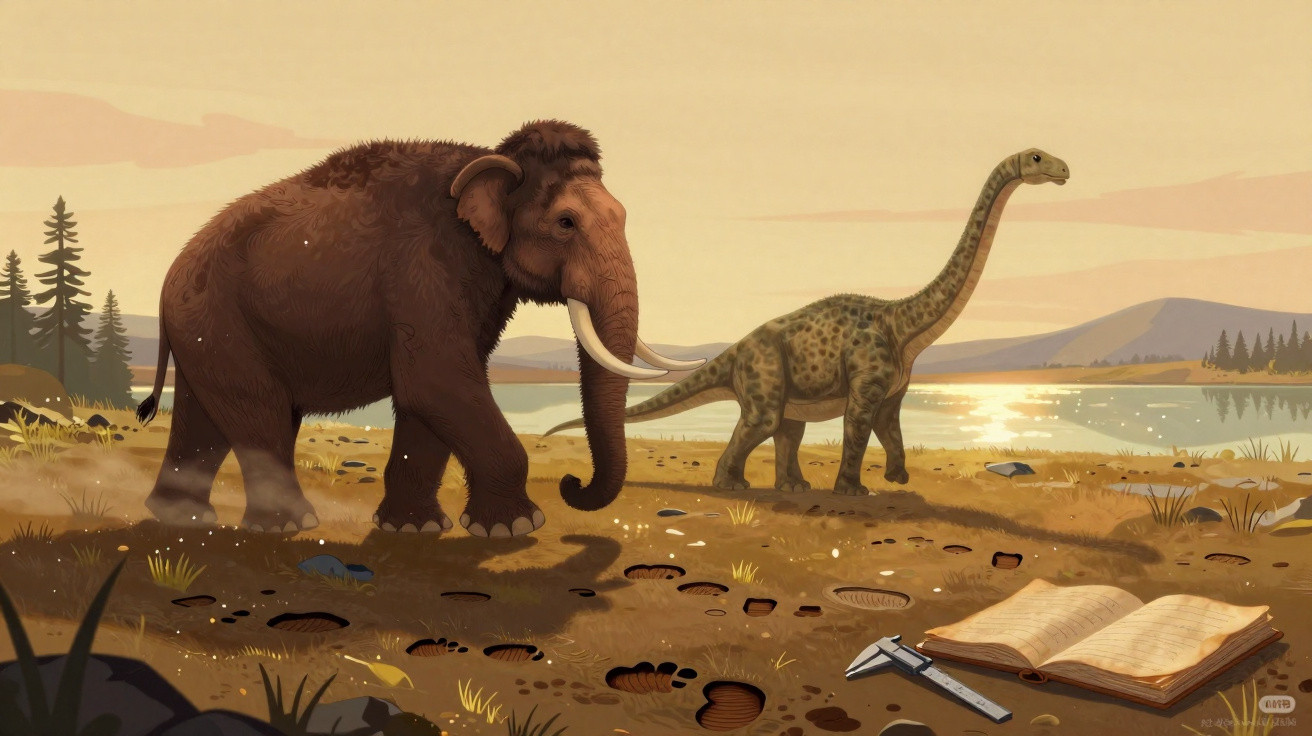 Illustration of a mammoth and a long-necked dinosaur by a lakeside with open book and caliper on the ground.