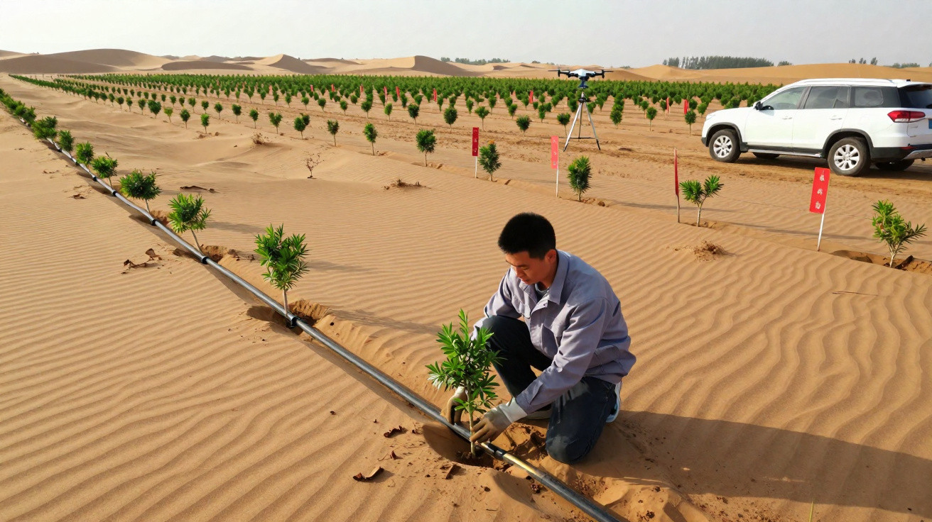 Man planting saplings in a desert using drip irrigation with a drone and car in the background.