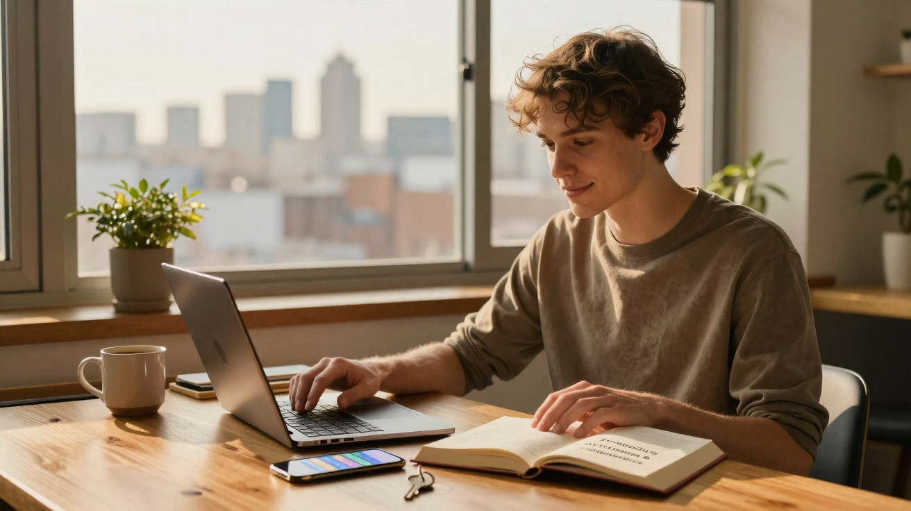 Young man working on laptop and reading book at wooden table near window with city view.