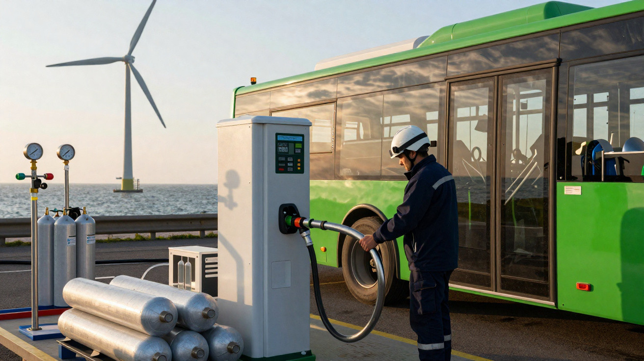 Worker refuelling a green bus with hydrogen at a station by the sea with a wind turbine in the background.