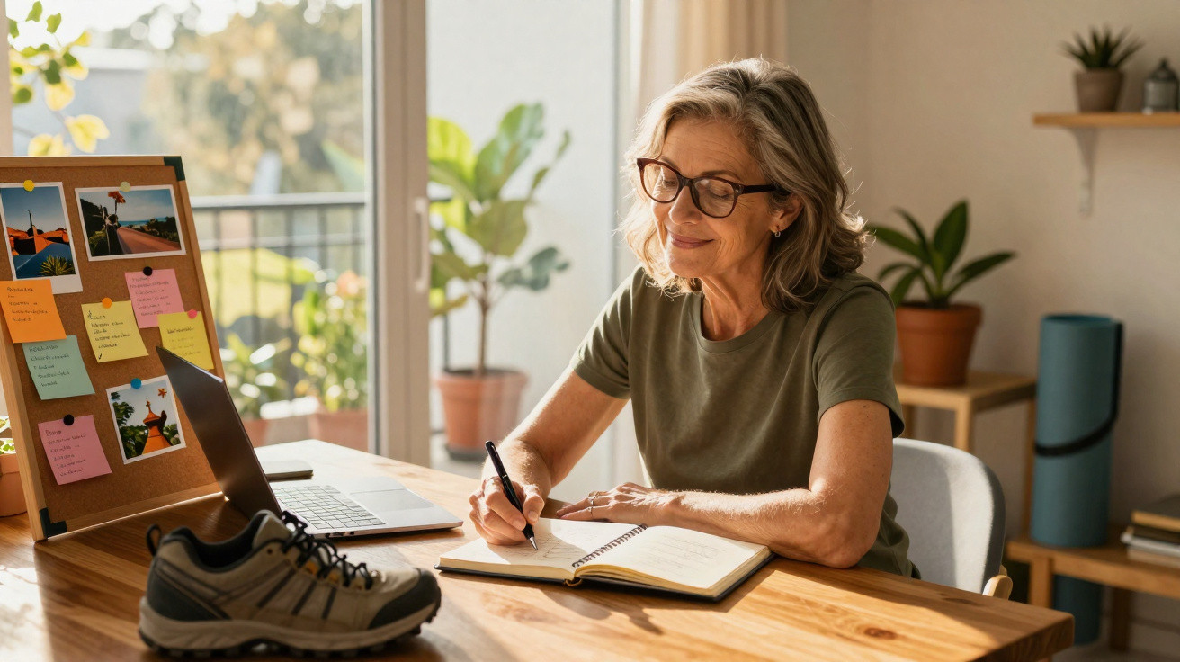 Mature woman writing in a notebook at a wooden desk with a laptop, hiking shoes, and a pinboard with notes.