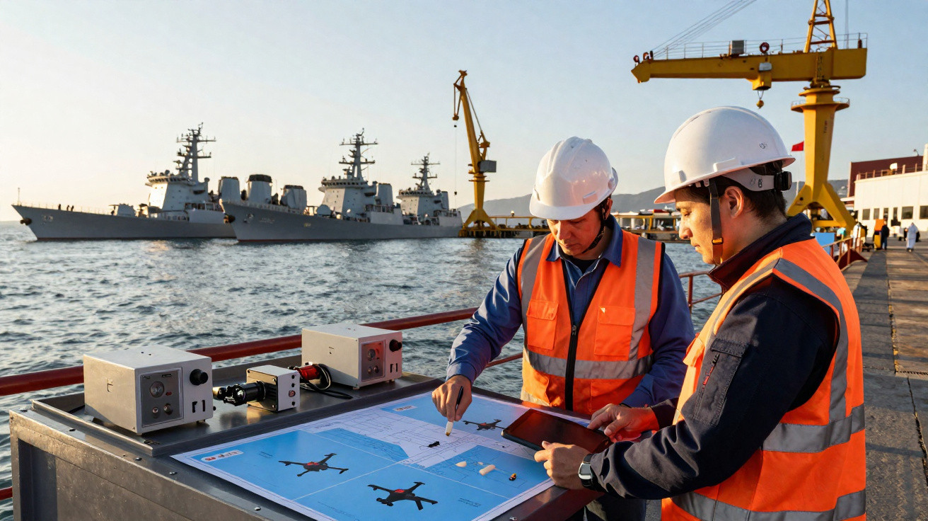 Two engineers in safety helmets and vests working on drone plans at a dock with warships and cranes in the background.