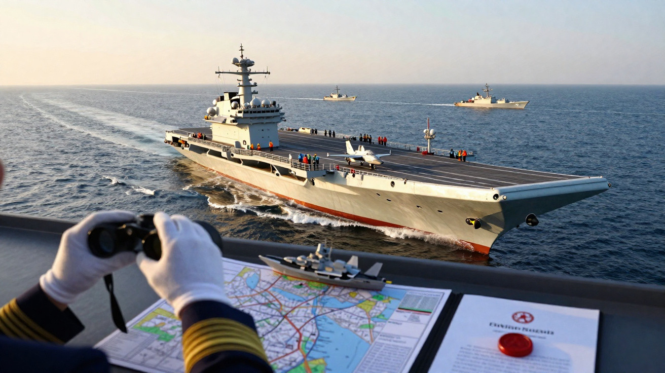 Aircraft carrier sailing at sea with two escort ships and an officer observing with binoculars and a map.