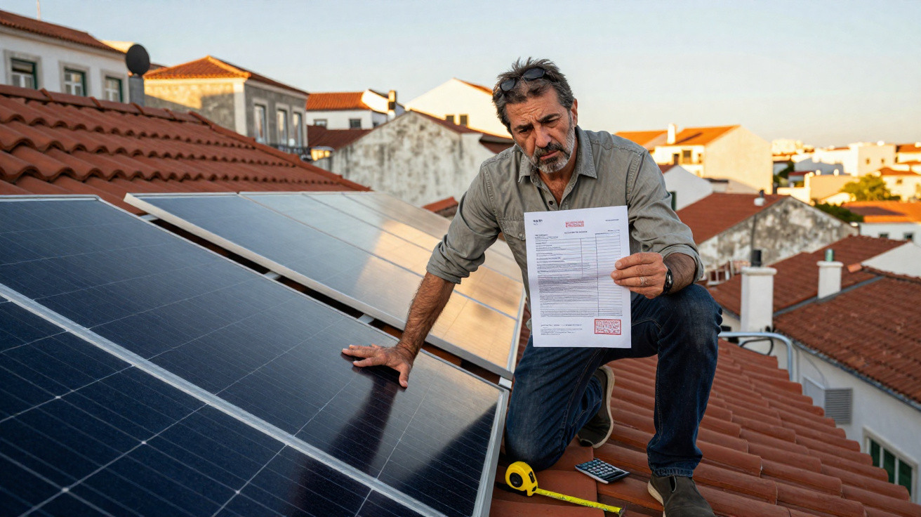 Man inspecting solar panels on rooftop while holding an electricity bill in a residential area at sunset.