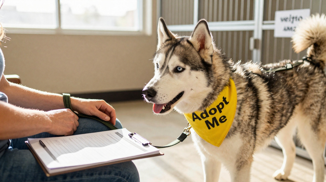 Husky wearing a yellow "Adopt Me" bandana standing near a person filling out paperwork indoors.
