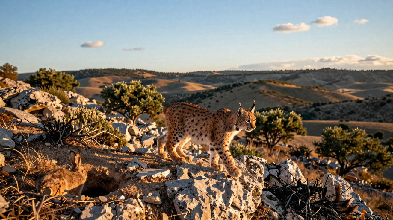 Eurasian lynx walking on rocky terrain near a rabbit with hills and trees in the background at sunset.