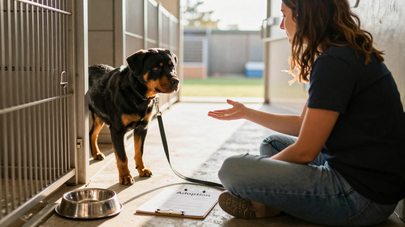 Person sitting on floor offering hand to a Rottweiler dog at an animal shelter with adoption form and bowl nearby.