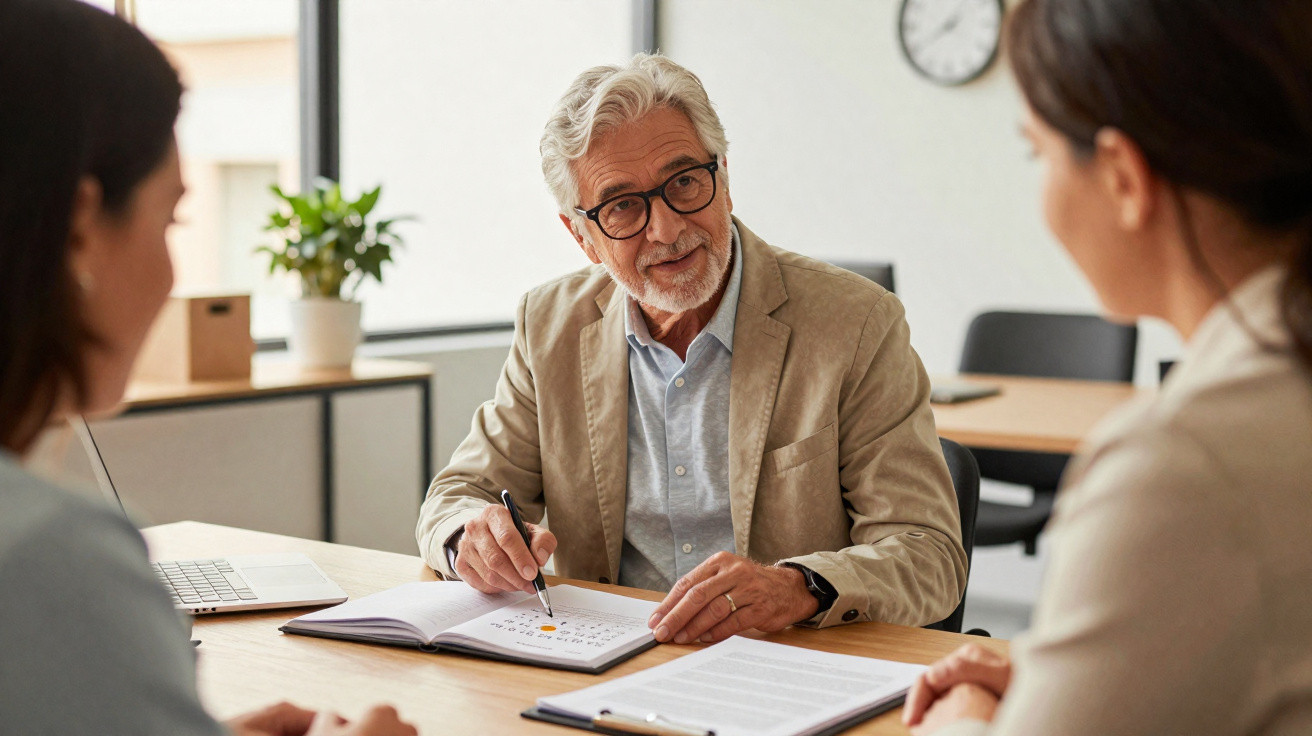 Older man in glasses and blazer discussing notes with two colleagues in an office setting.