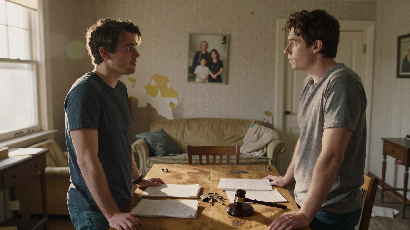 Two young men standing face to face across a wooden table with documents and a gavel in a dimly lit room