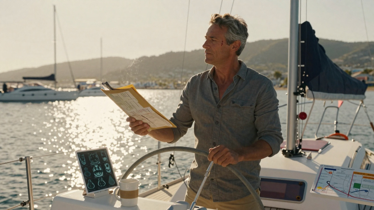 Man steering a sailboat while holding a navigation chart on a sunny day with yachts in the background.