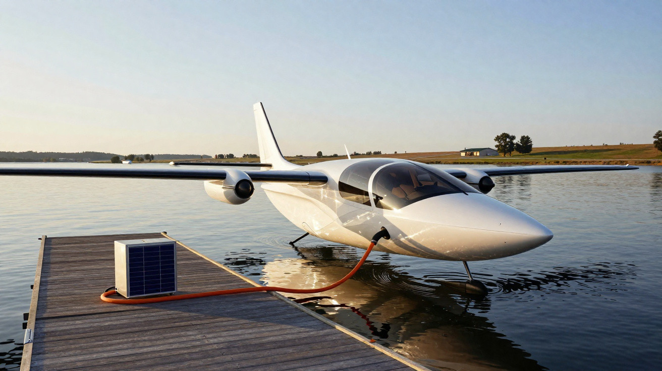 Electric seaplane docked at a wooden pier, connected to a charging station on calm water at sunset.