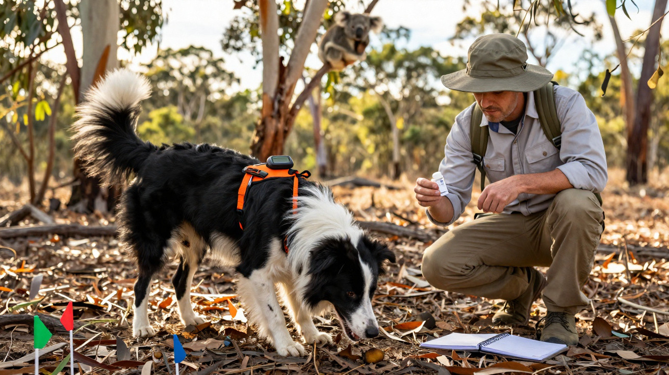 Man in outdoor gear with a GPS-collared dog studying notes in a wooded area with colourful markers on the ground.