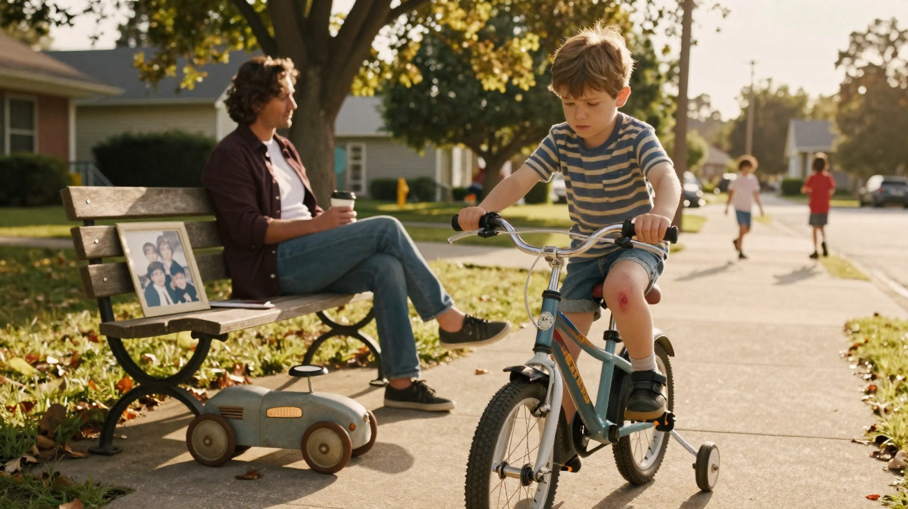 Young boy with scraped knee learning to ride a bike with training wheels on a suburban sidewalk.