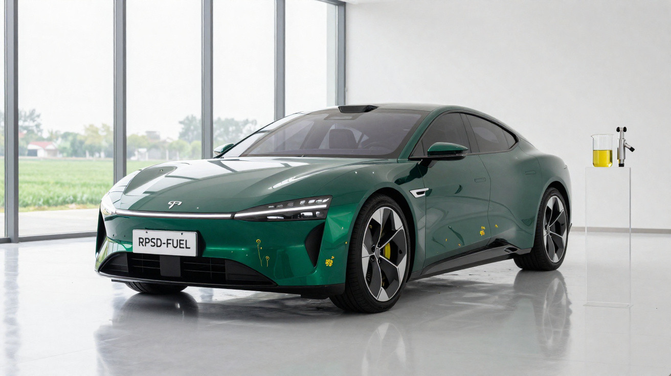 Green sleek electric sports car displayed indoors with large windows and a fuel container on a stand nearby.
