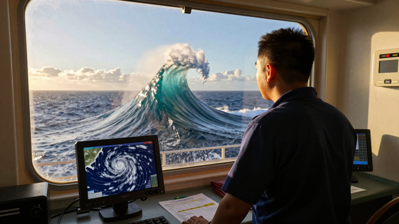 Man aboard ship monitors weather radar while a large wave rises outside the window during daylight.