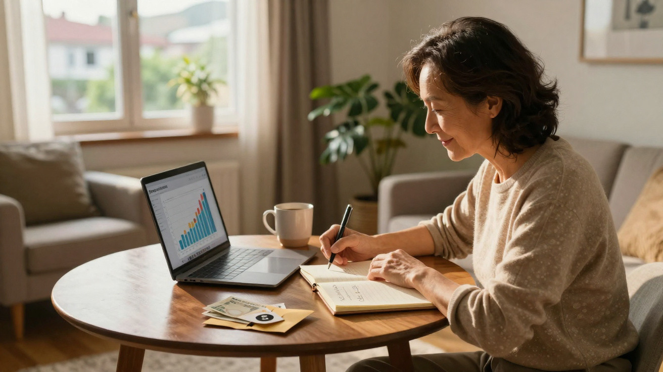 Woman sitting at a table with a laptop showing a bar graph and writing notes in a notebook in a cosy living room.