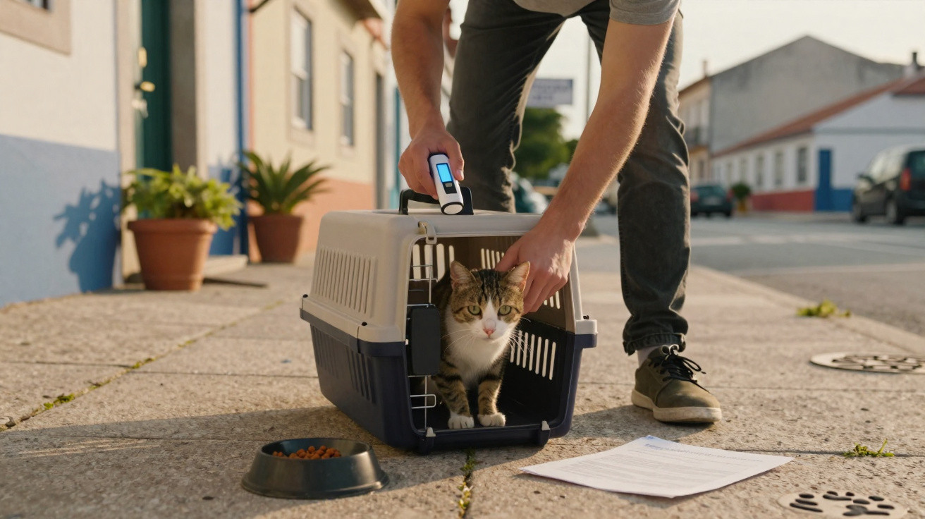Person scanning a cat inside a pet carrier outdoors with food bowl and papers nearby on pavement.