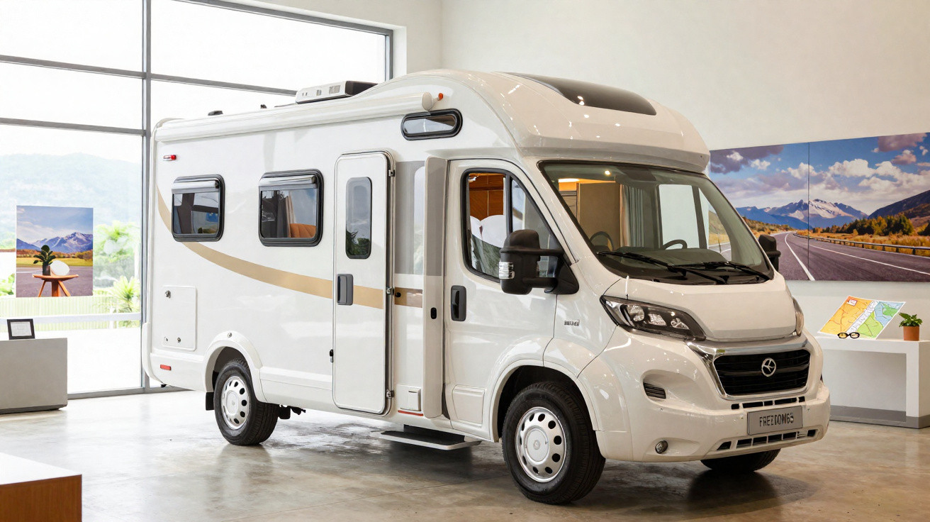 White motorhome campervan parked indoors with large windows and travel posters in the background.