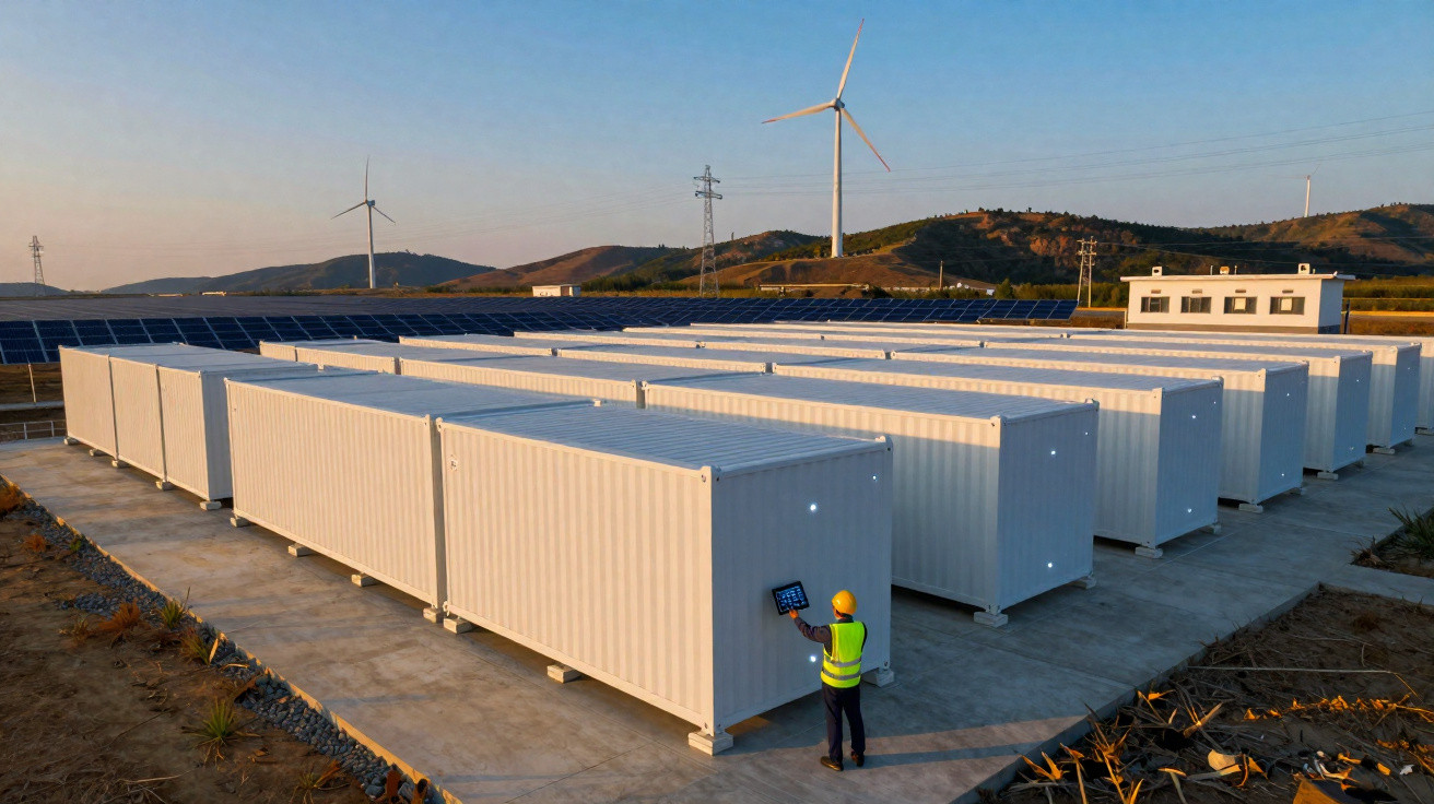 Worker in safety gear operating control panel on large white battery storage units in a solar and wind energy facility.