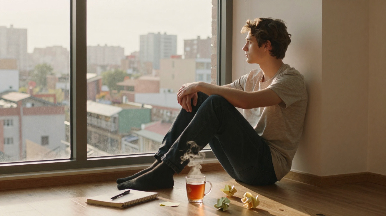 Young man sitting on the floor by a window, looking outside with a notebook and steaming tea nearby.